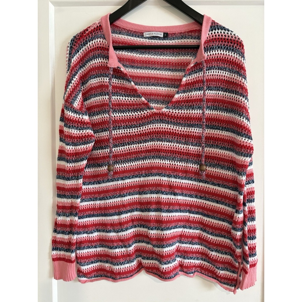 Zaket & Plover Happy Hoodie Sweater Womens Small S Striped Open Knit V-Neck